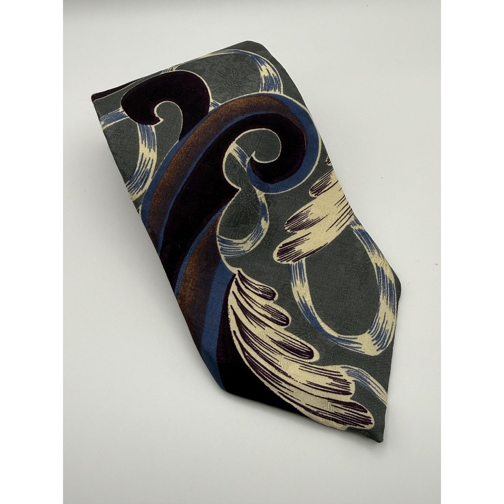 Oscar de la Renta Necktie OS Abstract Scroll Silk Dark Academia Vintage 90s Grey